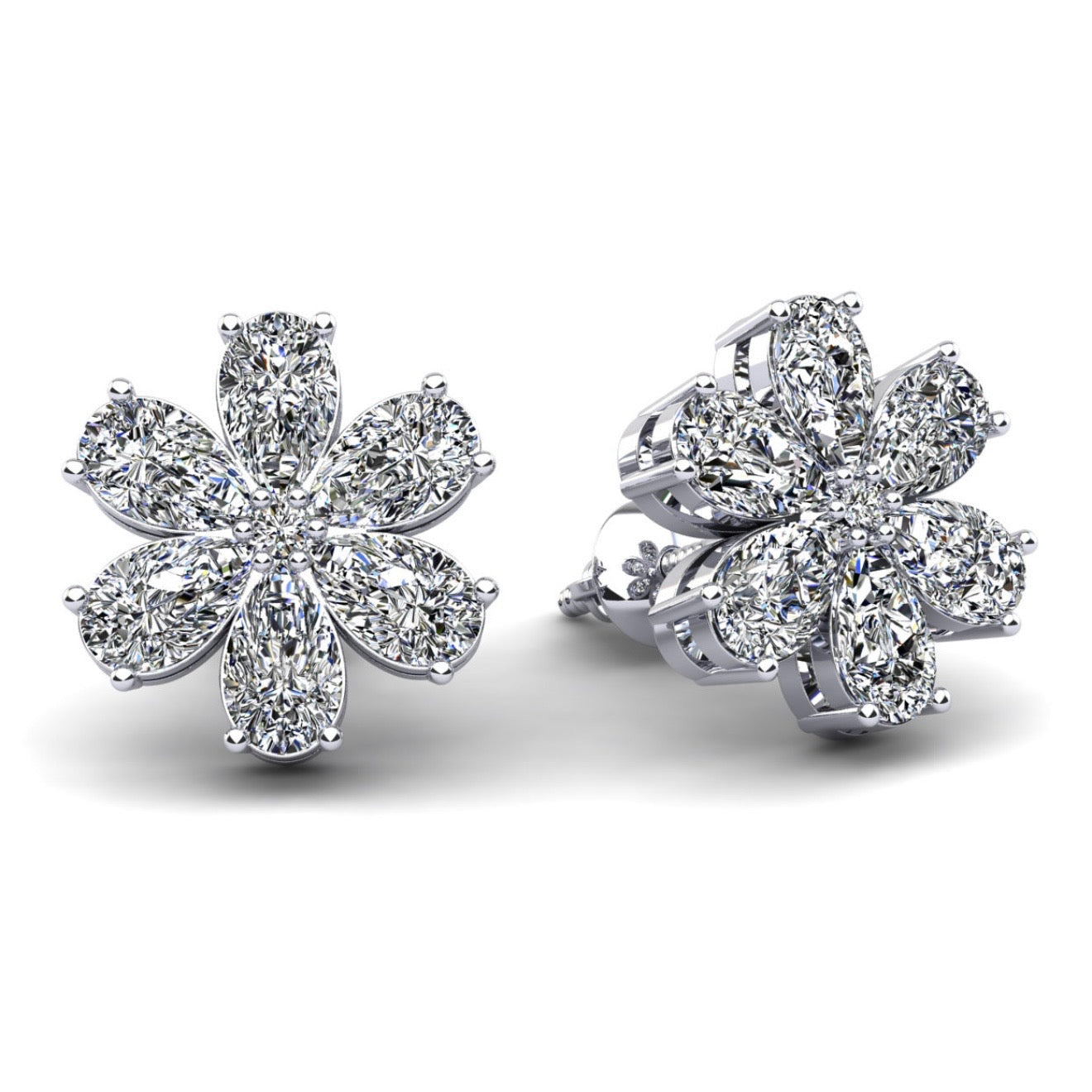 Flower Shaped Stud Earrings with Pear Shape Stones- Choice of 1.97ct / 2.54ct or 3.64ct - Lab Diamond Stud Earrings