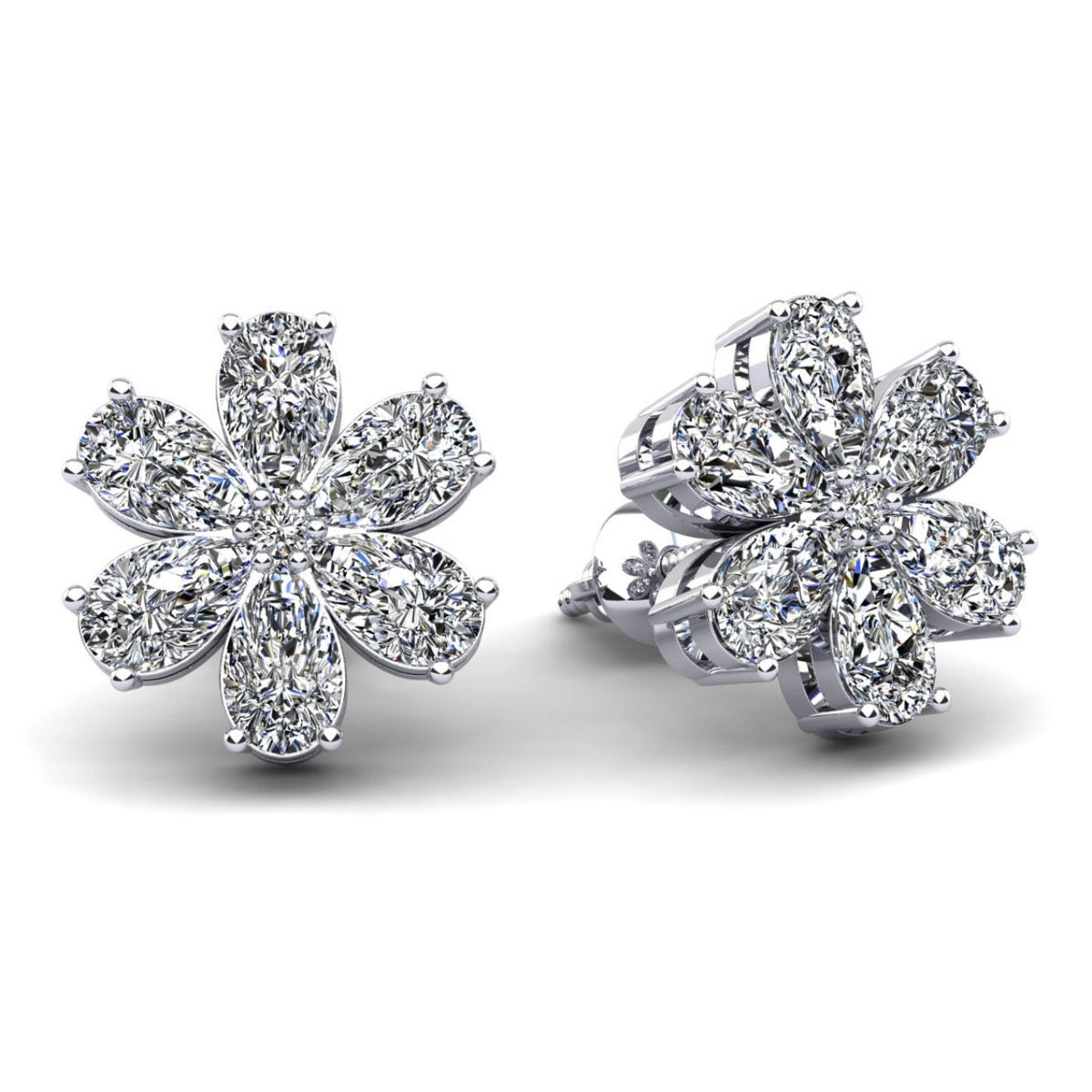 Flower Shaped Stud Earrings with Pear Shape Stones- Choice of 1.97ct / 2.54ct or 3.64ct - Lab Diamond Stud Earrings