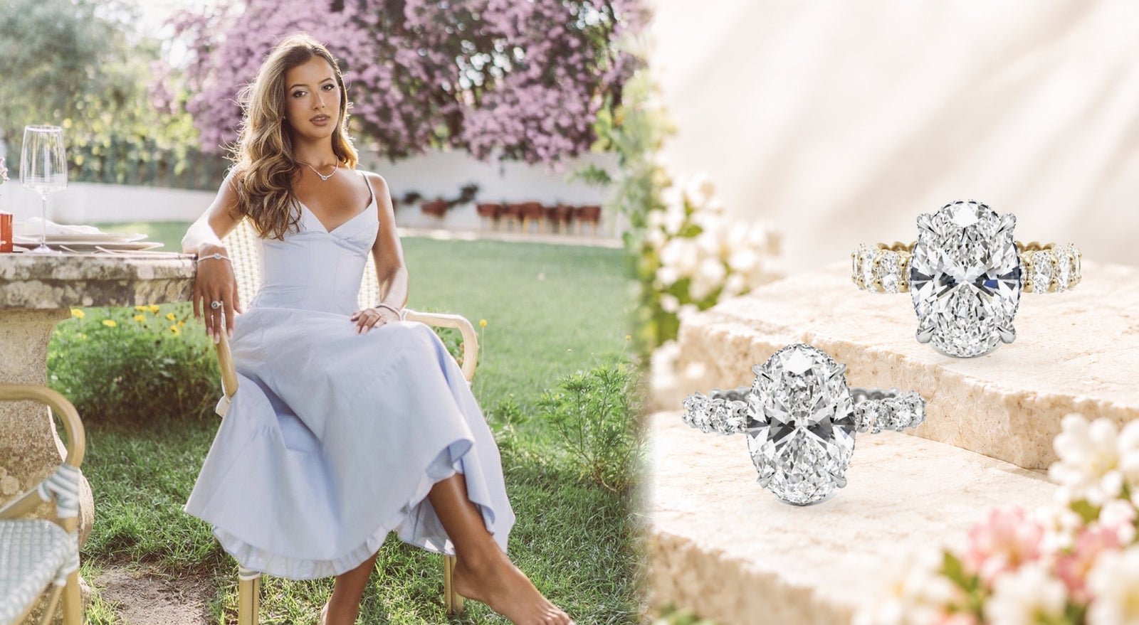diamondboi hero mobile: model in garden with oval lab diamond engagement rings