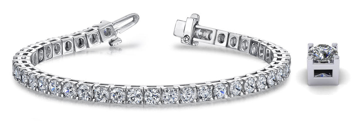 Diamond tennis bracelet in 18k white gold with close-up of four-prong setting
