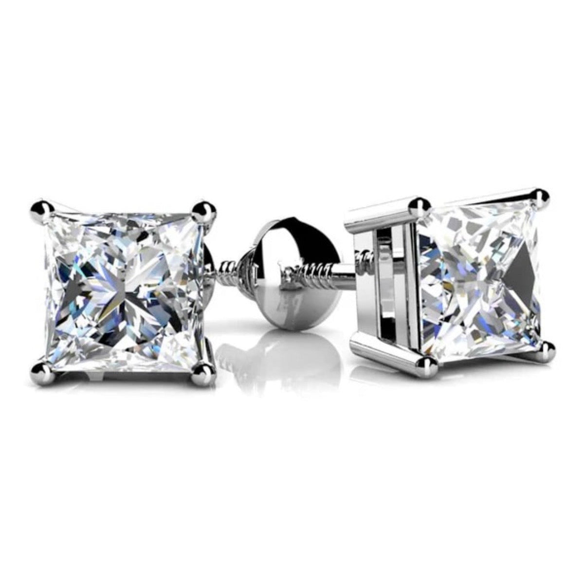 Lab Princess Cut Diamond Stud Earrings - Choice of White Gold or Yellow Gold-.75ct to 2.00ct Total - Lab Diamond Stud