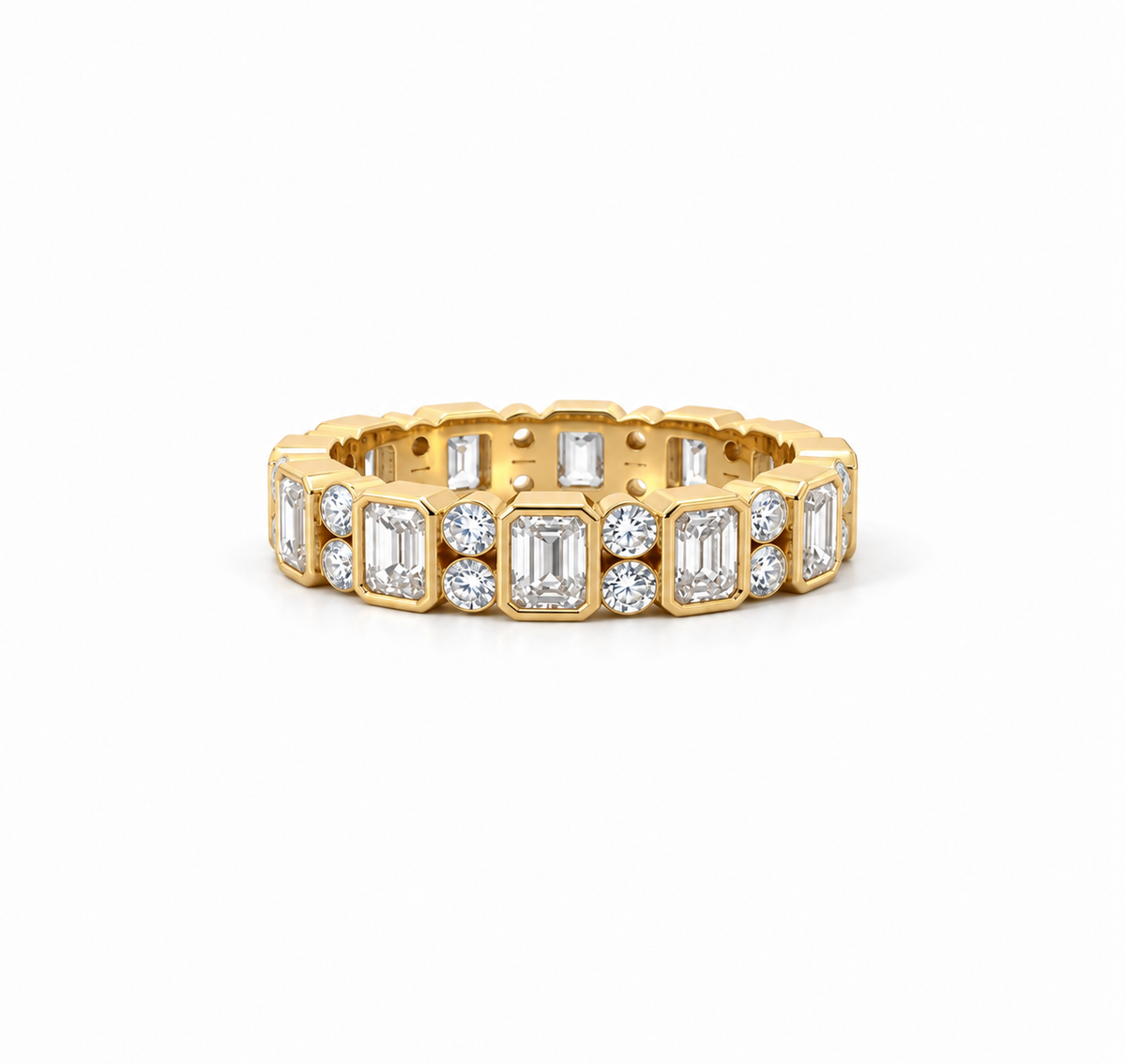 Ladies Bezel Emerald & Round Station Band - Wedding Band