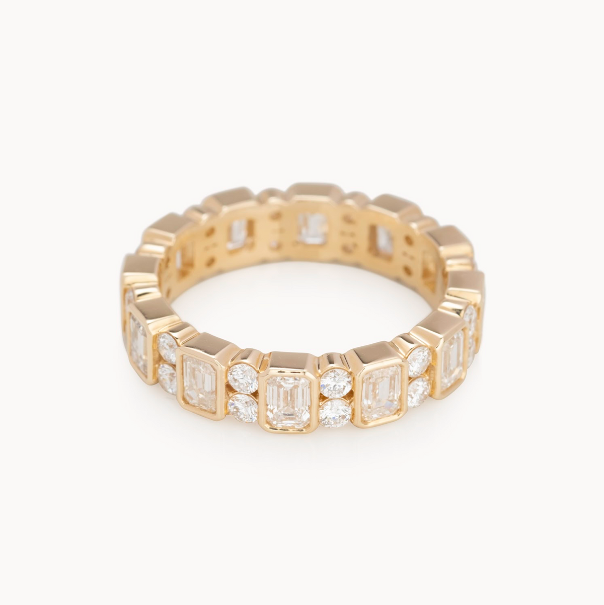 Ladies Bezel Emerald & Round Station Band - Ladies Wedding Bands