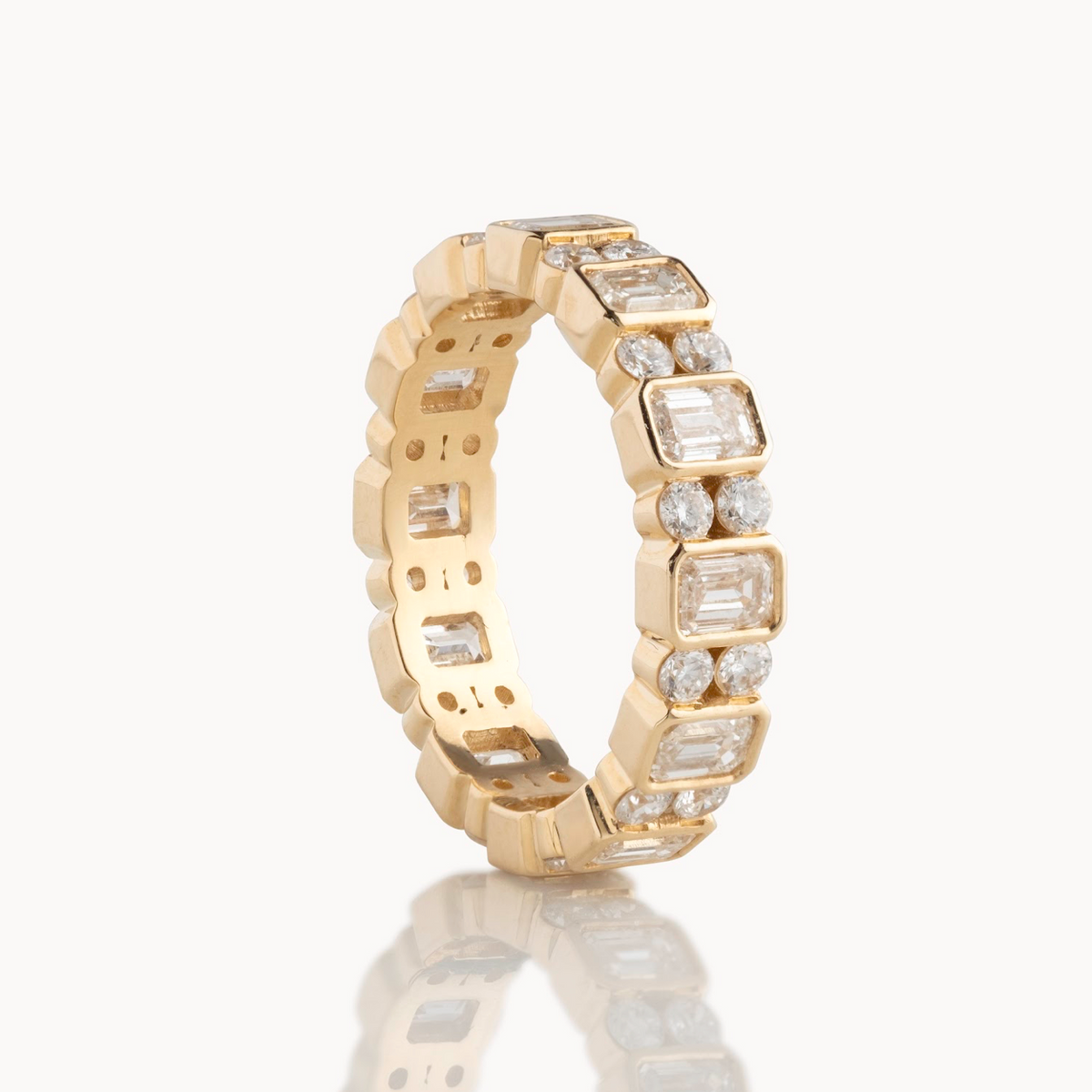 Ladies Bezel Emerald & Round Station Band - Ladies Wedding Bands