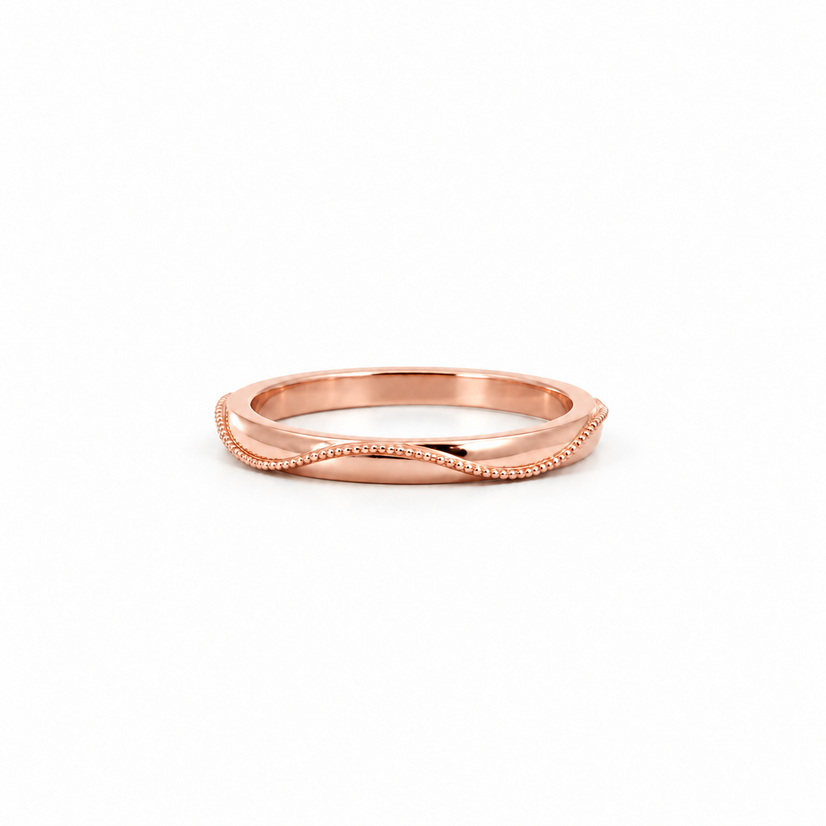Ladies flowing ribbon milgrain plain gold wedding band – view 3 of 3