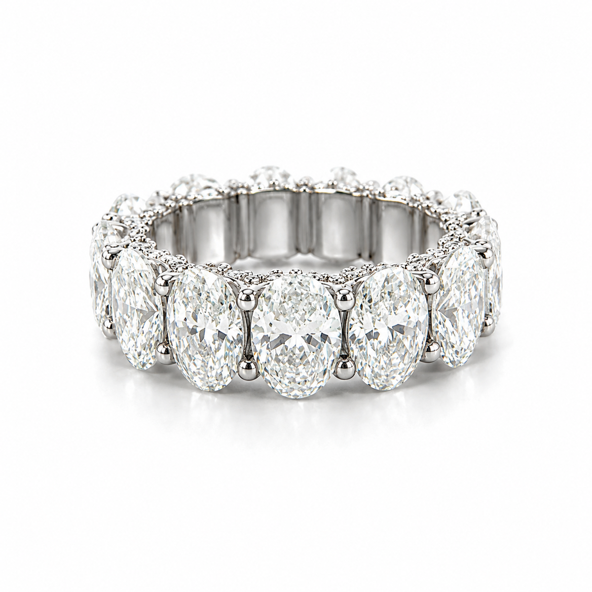 Ladies Large Oval Diamond Eternity Band with Diamond Prongs - Ladies Wedding Bands
