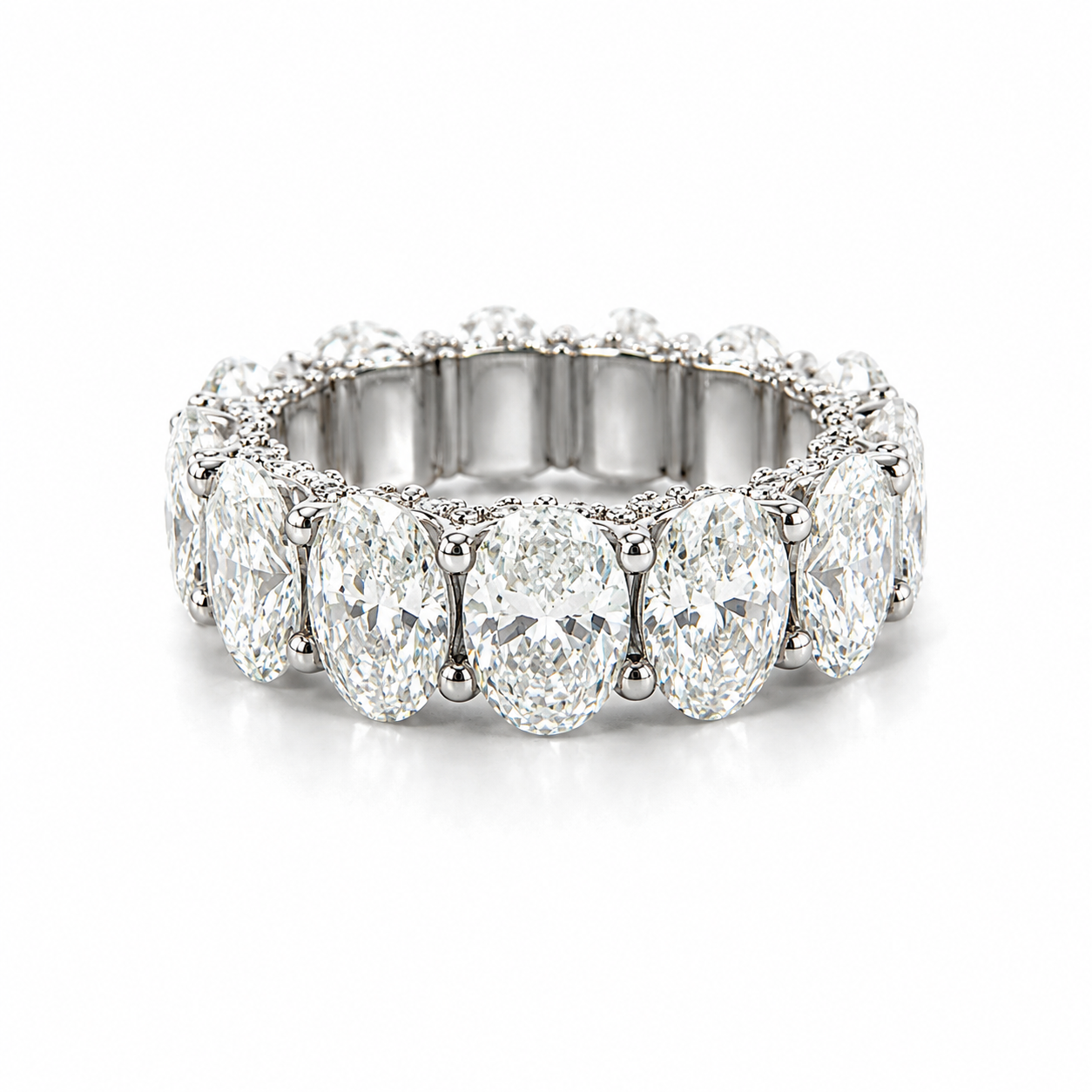 Ladies Large Oval Diamond Eternity Band with Diamond Prongs - Ladies Wedding Bands