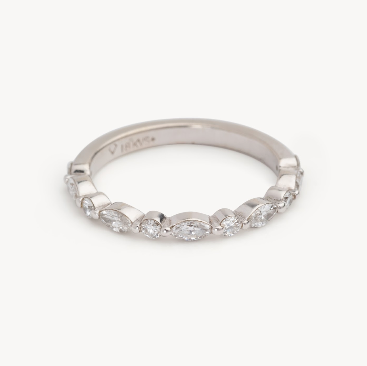 Ladies Marquise / Round Shared Bead Wedding Band - Choice of White Gold Yellow Gold or Rose Gold - Natural Diamonds