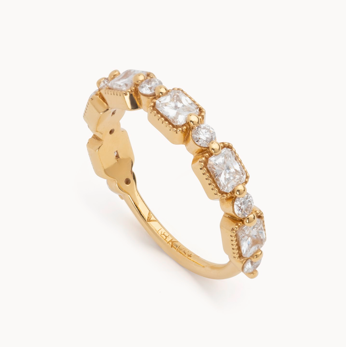 Ladies Vintage Emerald & Round Cut Diamond Band - Ladies Wedding Bands