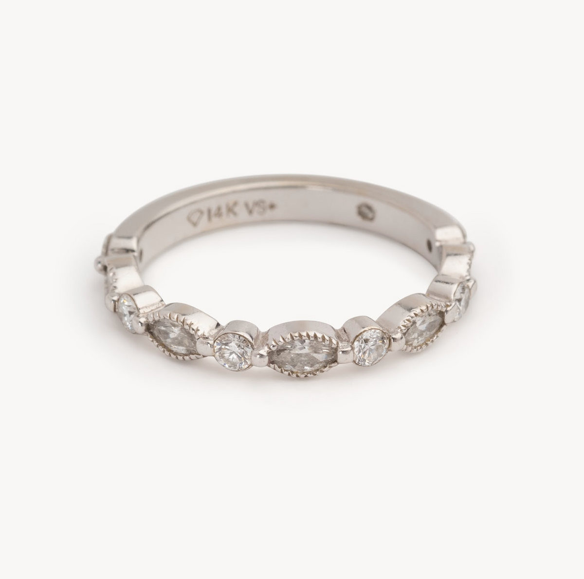 Ladies Vintage Marquise / Round Cut Station Wedding Band - Natural Diamonds - Ladies Wedding Bands