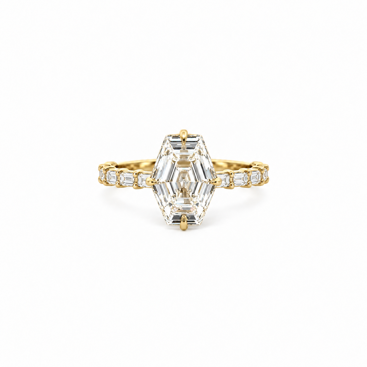 Lozenge cut lab diamond engagement ring, straight baguette band, 18k yellow gold – front view