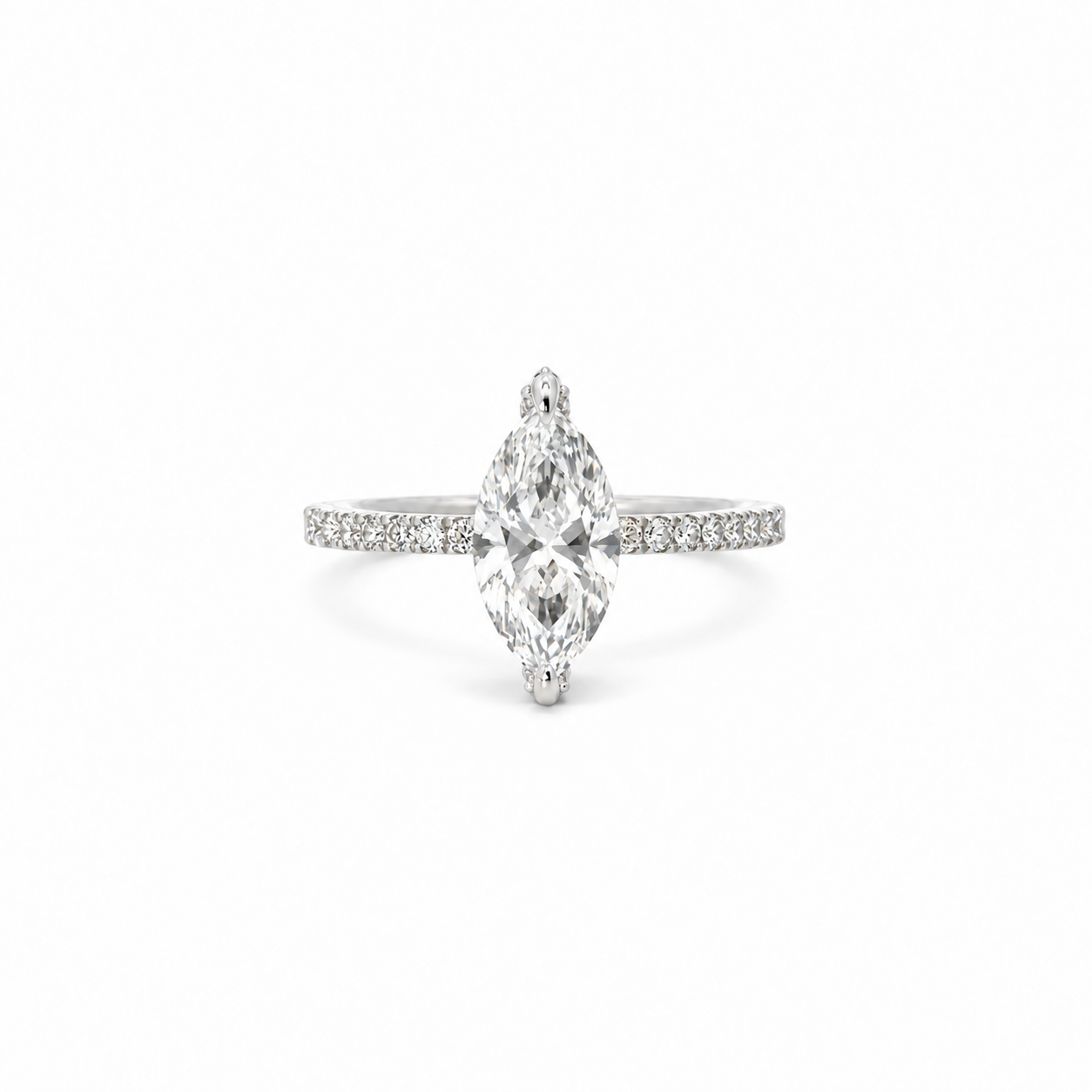 Marquise lab diamond engagement ring, italian pave shank with diamond prongs & reverse halo – view 1 of 3
