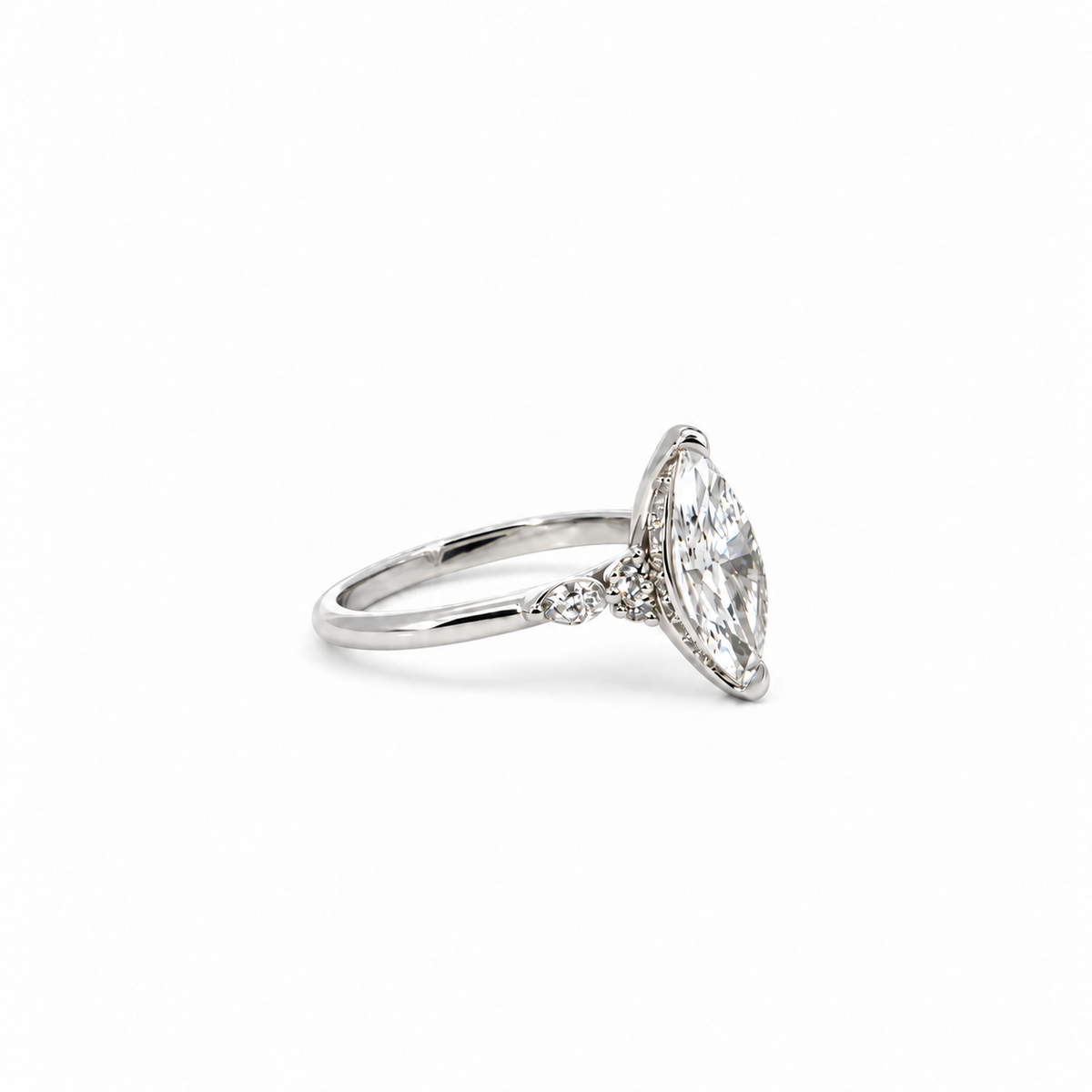 Marquise cut natural diamond engagement ring, 1.80mm non-cathedral tube shank with round and marquise stations and reverse halo – view 2 of 2