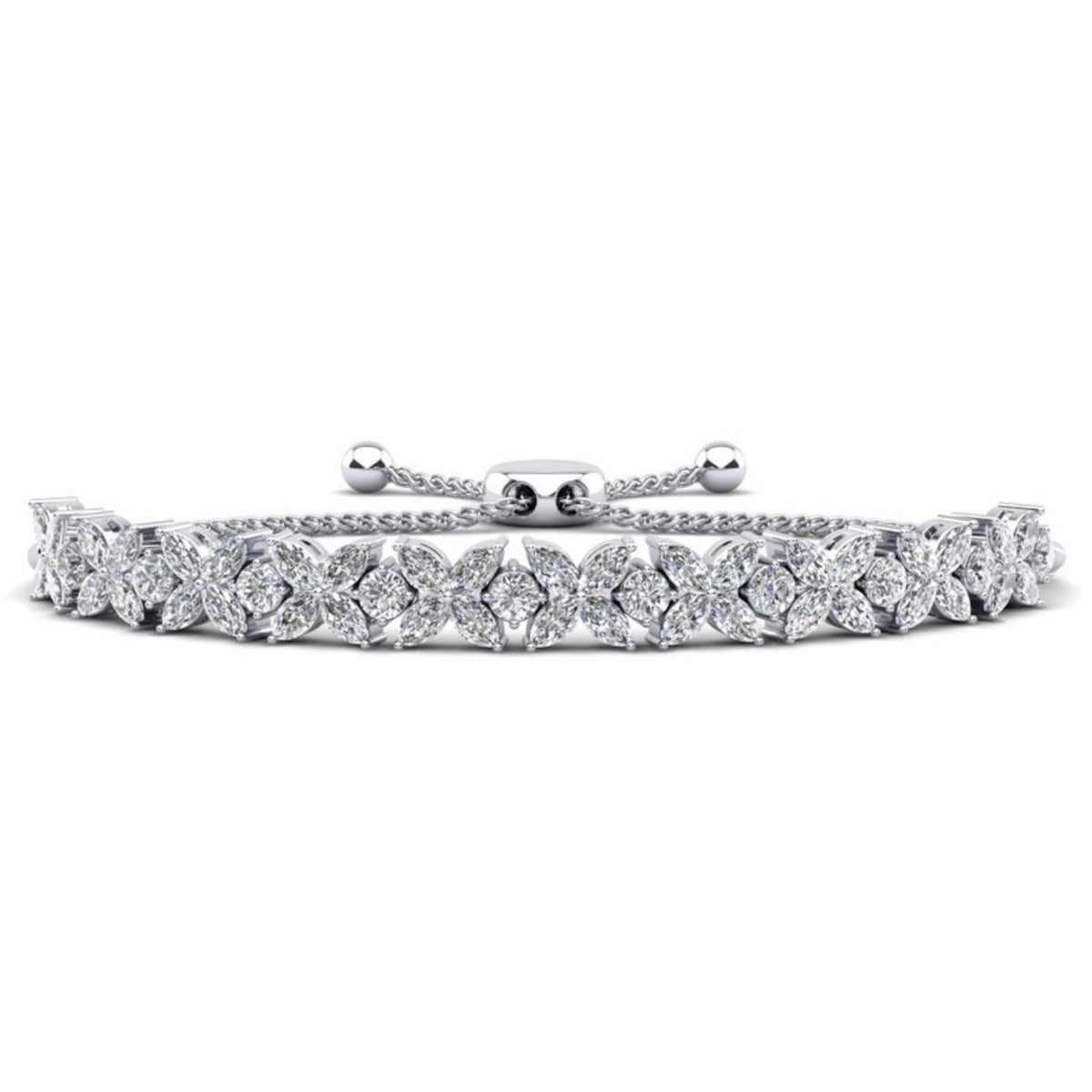 Flowers of Marquise / Round Diamond Adjustable Bracelet - Choice of White Gold or Yellow Gold -5.26ct to 7.60ct Total