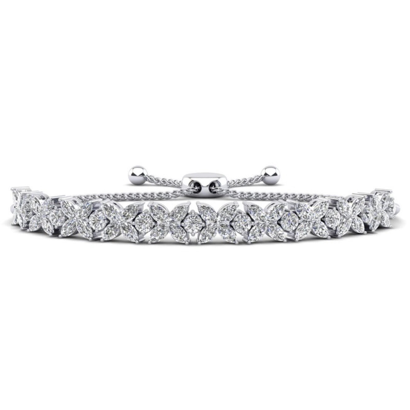 Flowers of Marquise / Round Diamond Adjustable Bracelet - Choice of White Gold or Yellow Gold -5.26ct to 7.60ct Total