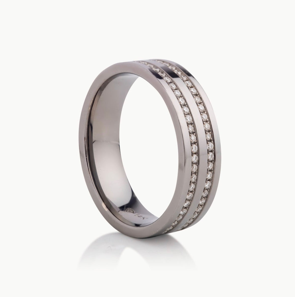 Men’s 6MM Flat Wedding Band - 2 Rows Spaced Out Diamonds - Choice of White Gold / Yellow Gold / Rose Gold or Cobalt