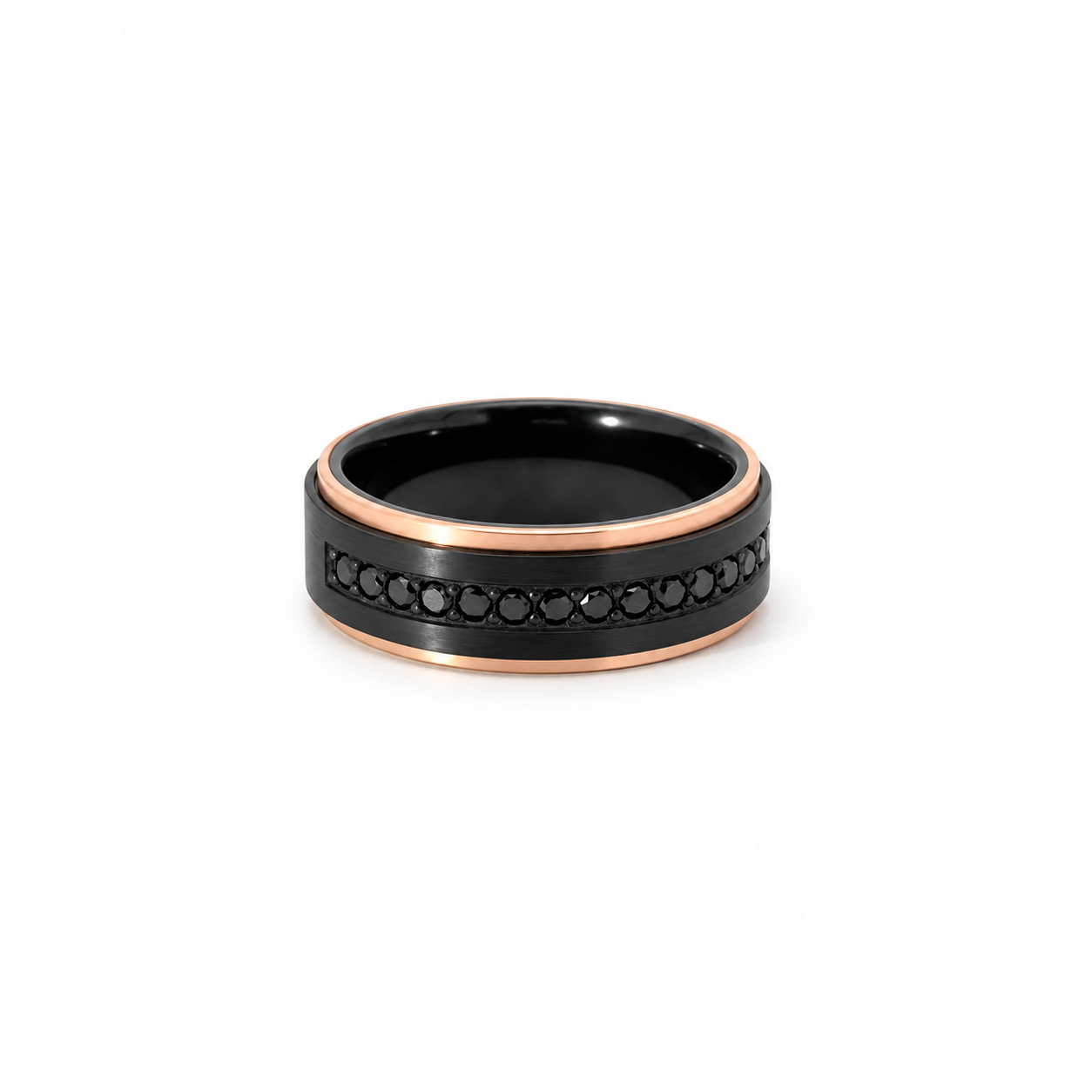 Men’s 8MM Step Cut Design with Black Diamonds and Choice of Rose Gold Yellow Gold or White Gold Edges - Choice