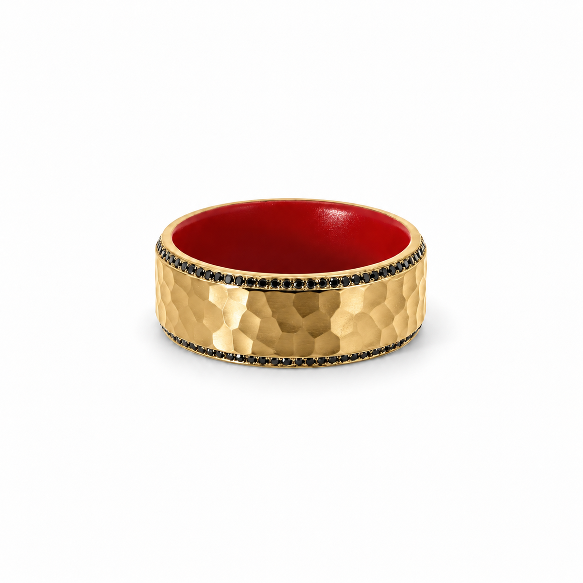 Men’s 7MM Bevelled Edge with Black Diamonds on Bevel | Red Interior | 14KT White Yellow Rose Gold or Zirconium | Men’s