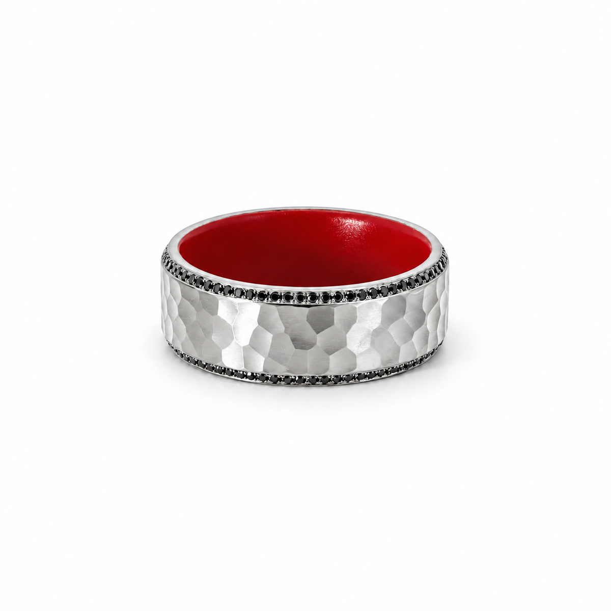 Men’s 7MM Bevelled Edge with Black Diamonds on Bevel | Red Interior | 14KT White Yellow Rose Gold or Zirconium | Men’s