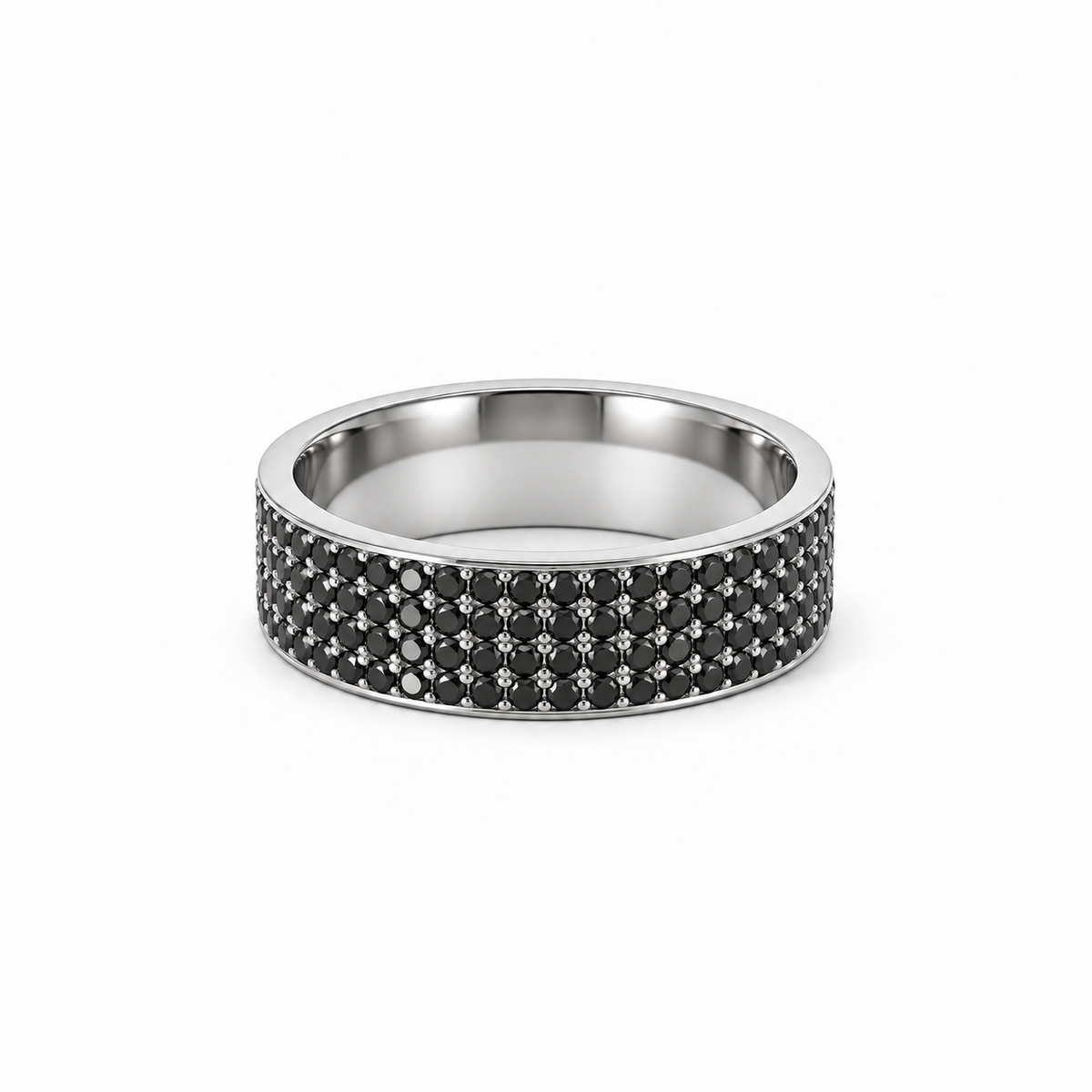 Men’s 7MM Flat Band with 4 Rows of Black Diamonds | 14KT White Yellow Rose Gold or Zirconium | 1/2 Eternity or Full