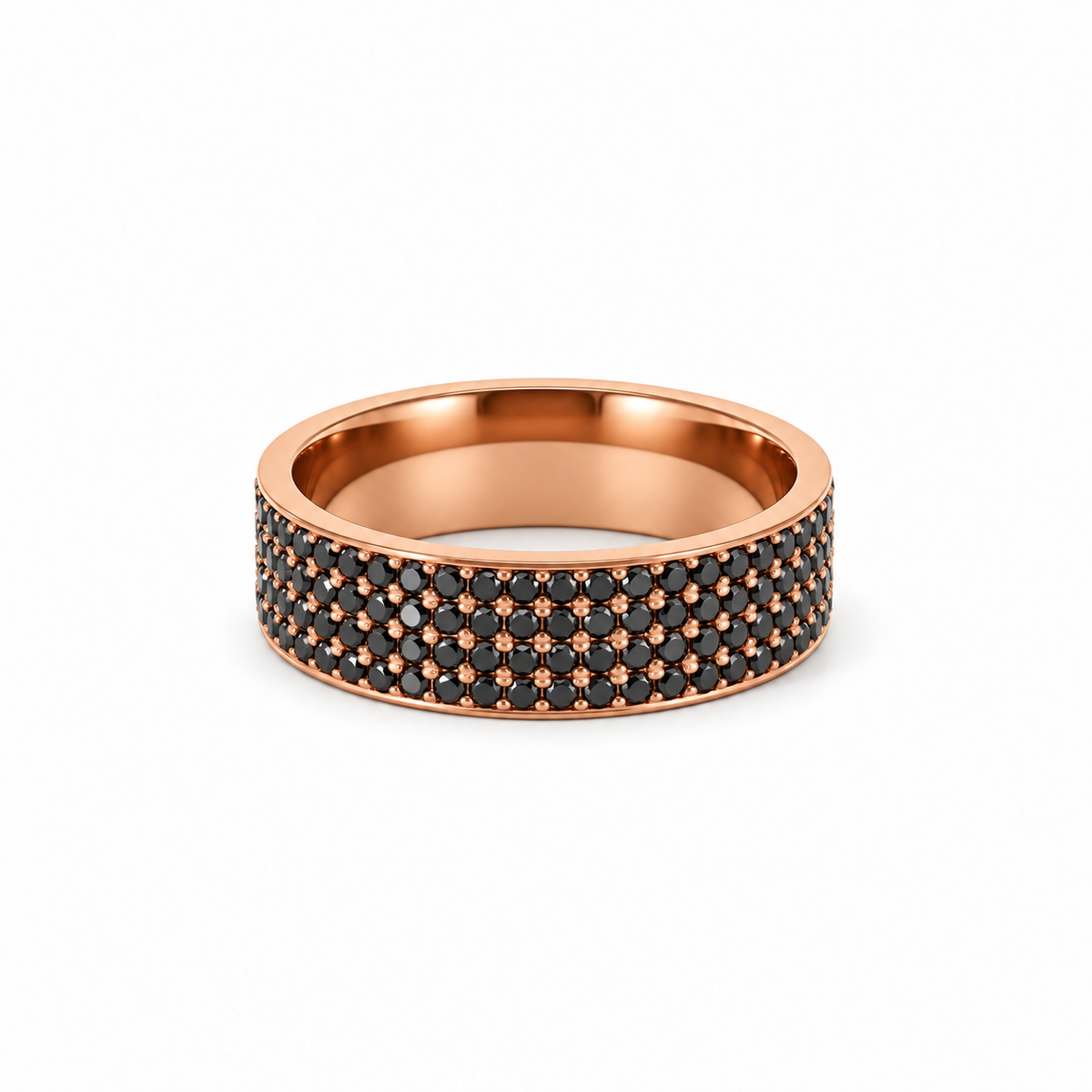 Men’s 7MM Flat Band with 4 Rows of Black Diamonds | 14KT White Yellow Rose Gold or Zirconium | 1/2 Eternity or Full
