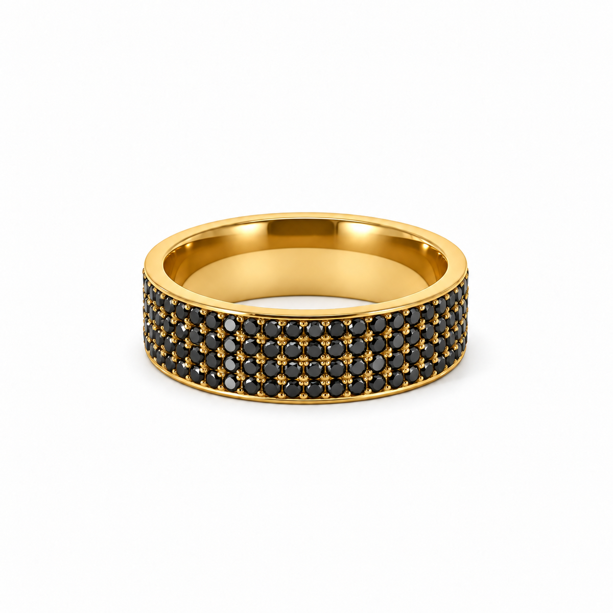 Men’s 7MM Flat Band with 4 Rows of Black Diamonds | 14KT White Yellow Rose Gold or Zirconium | 1/2 Eternity or Full