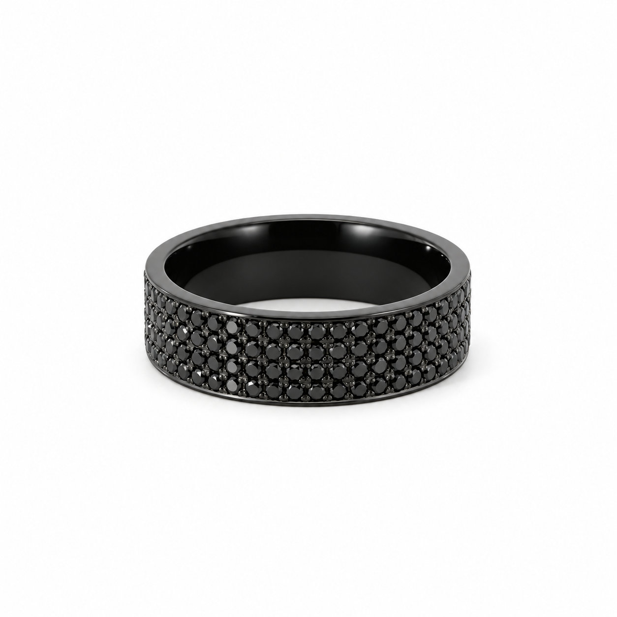 Men’s 7MM Flat Band with 4 Rows of Black Diamonds - Choice of Zirconium - Men’s Wedding Band