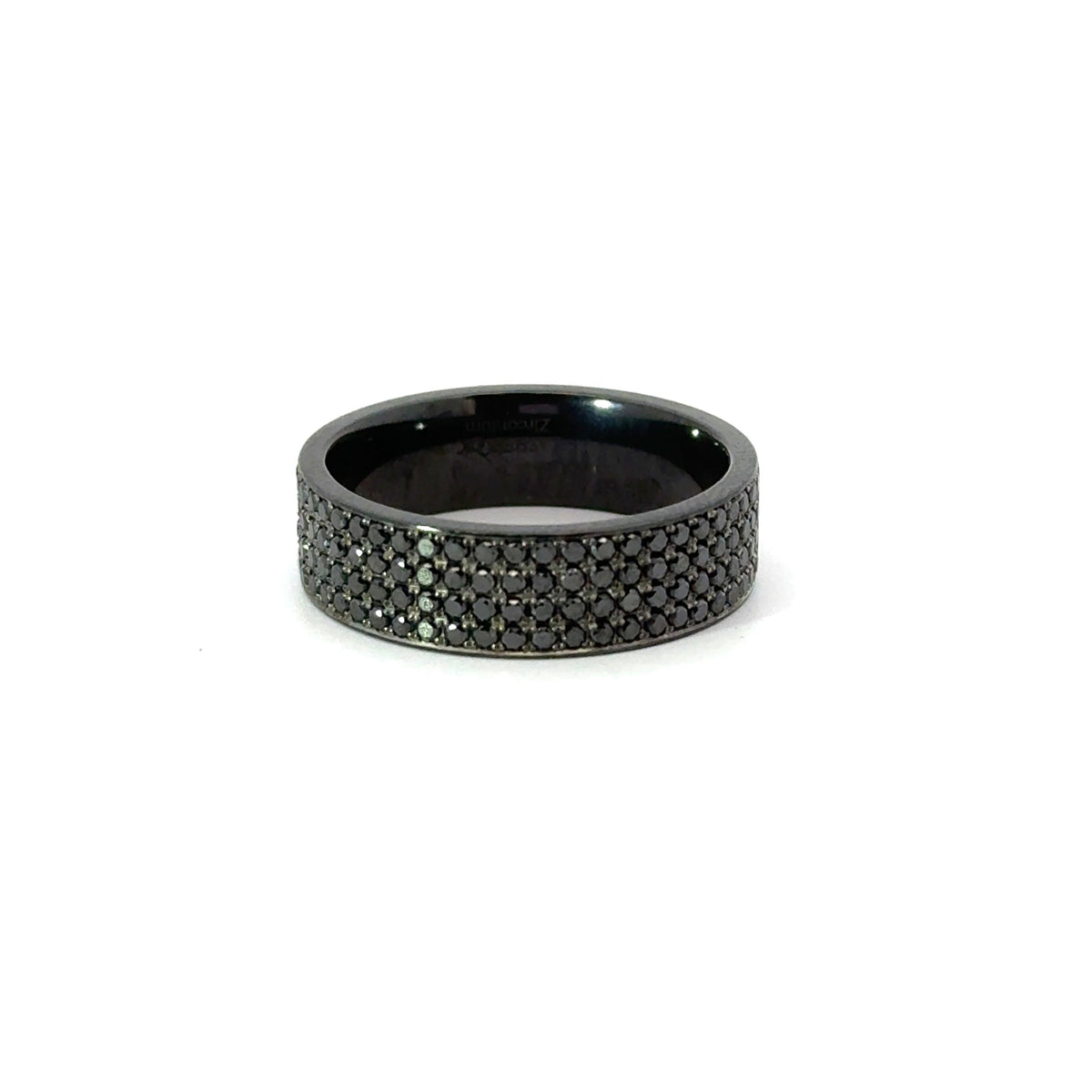 Men’s 7MM Flat Band with 4 Rows of Black Diamonds - Choice of Zirconium - Men’s Wedding Band