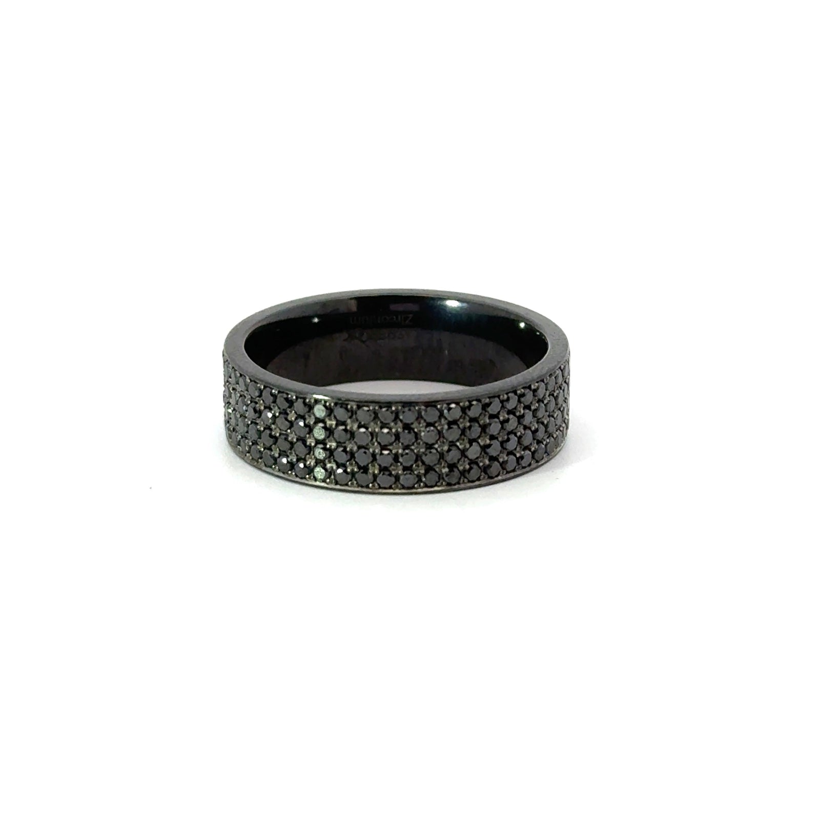 Men’s 7MM Flat Band with 4 Rows of Black Diamonds - Choice of Zirconium - Men’s Wedding Band