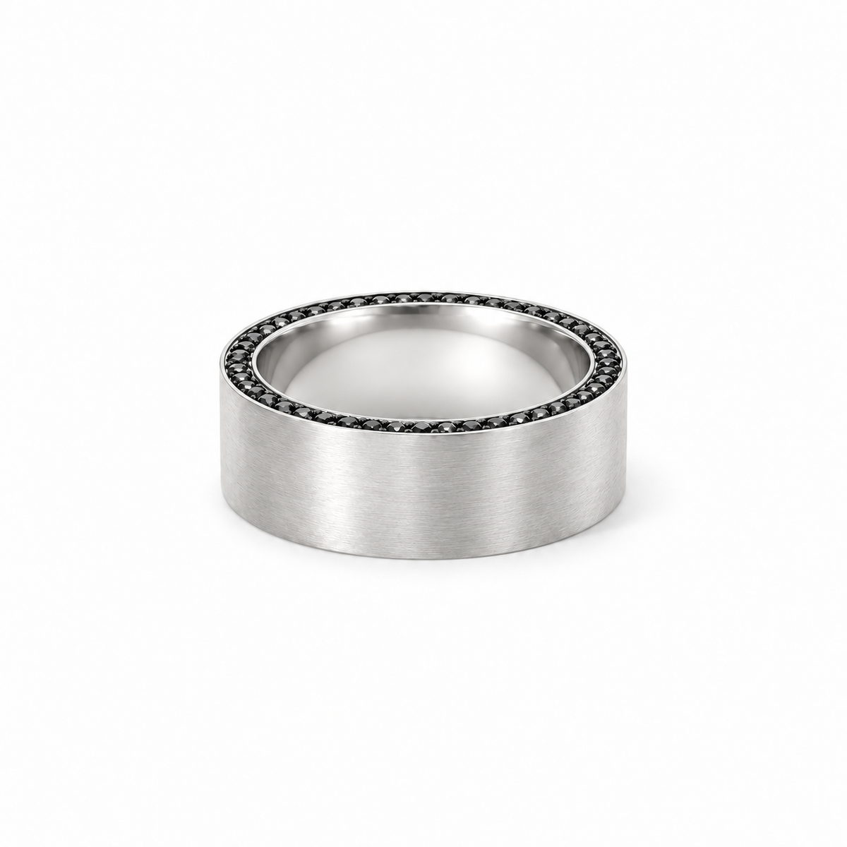 Men’s 7MM Flat Band with Black Diamonds on Edges | 14KT White Yellow Rose Gold or Zirconium | Men’s Wedding Band