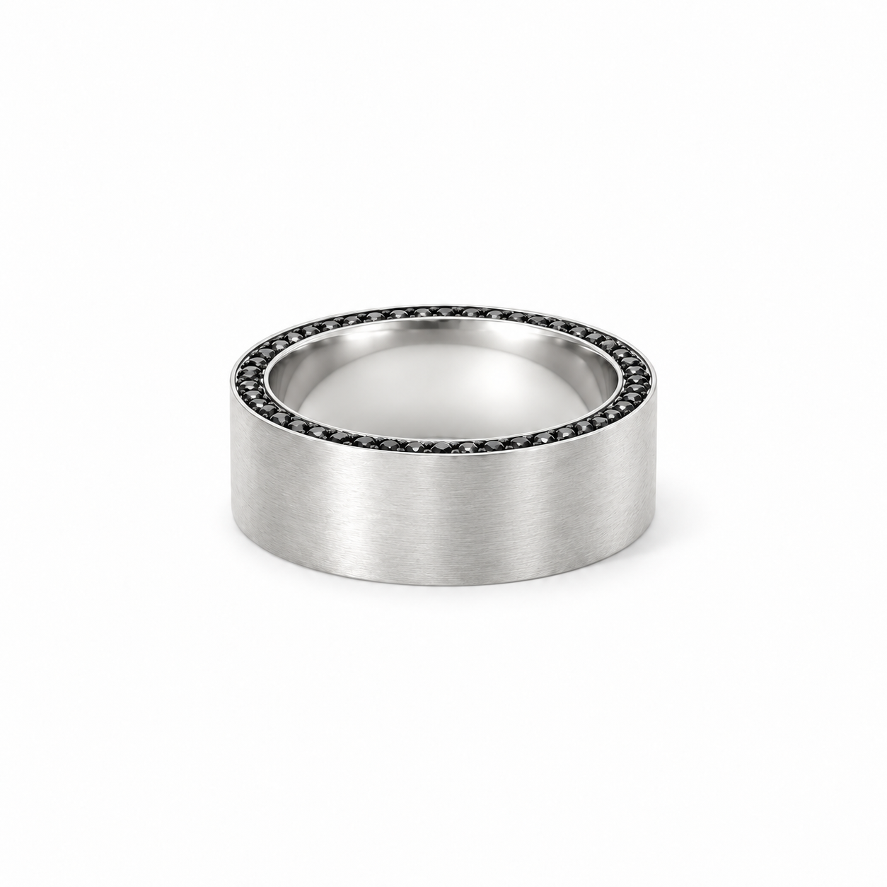 Men’s 7MM Flat Band with Black Diamonds on Edges | 14KT White Yellow Rose Gold or Zirconium | Men’s Wedding Band