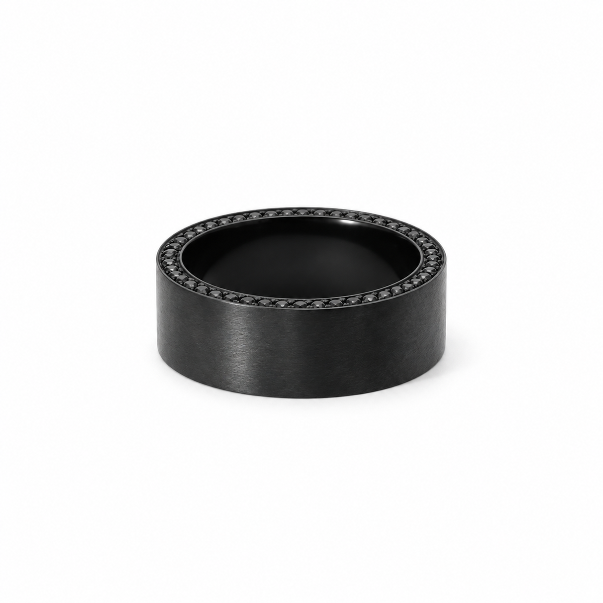 Men’s 7MM Flat Band with Black Diamonds on Edges - Choice of Zirconium - Men’s Wedding Band