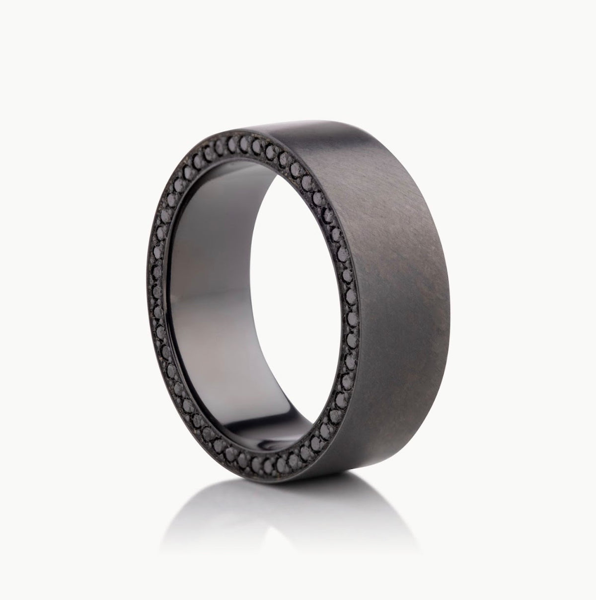 Men’s 7MM Flat Band with Black Diamonds on Edges - Choice of Zirconium - Men’s Wedding Band