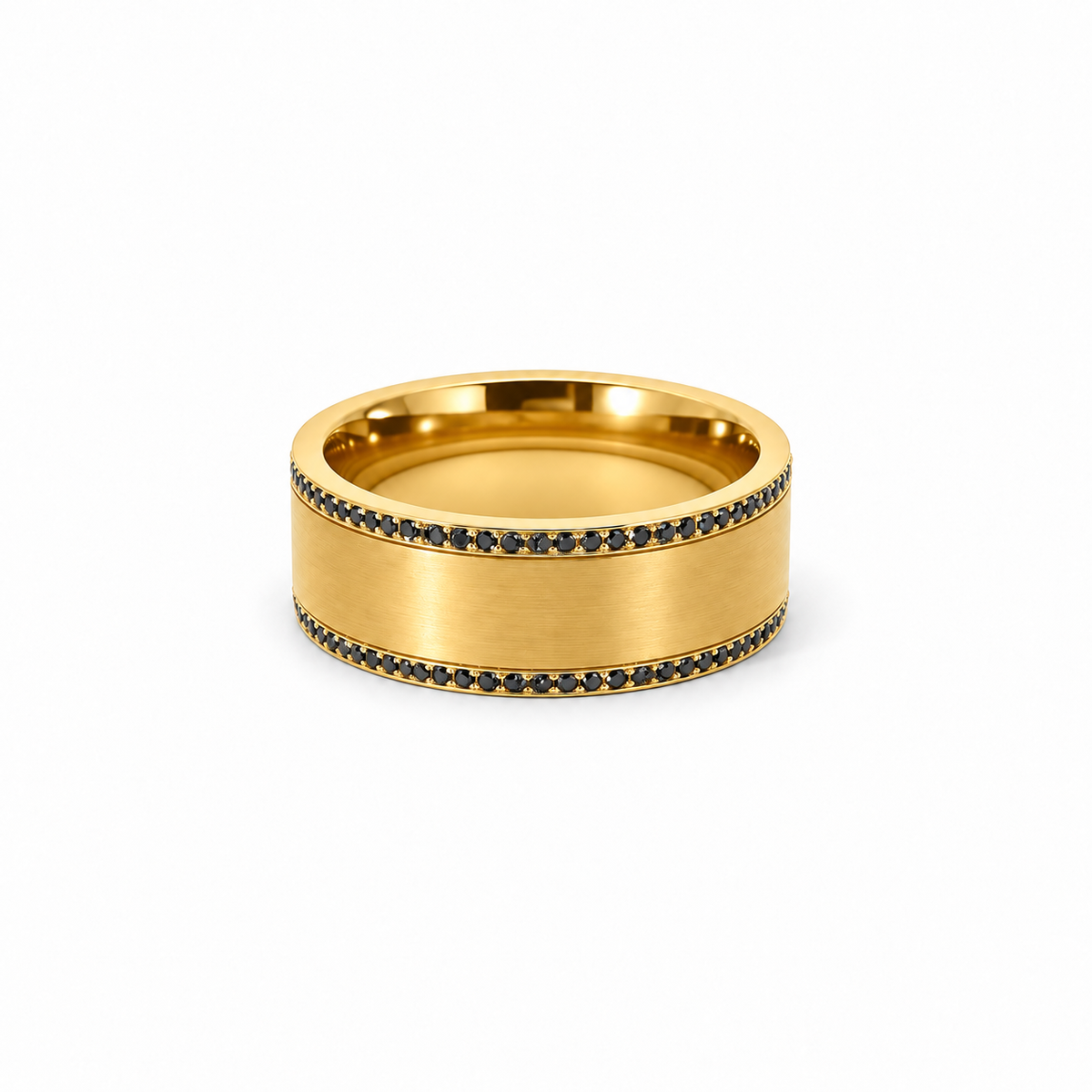Men’s 7MM Flat Wedding Band | 2 Rows of Black Diamonds | 1/2 Eternity or Full Eternity | 14KT White Gold Yellow Gold