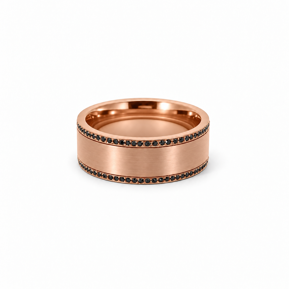 Men’s 7MM Flat Wedding Band | 2 Rows of Black Diamonds | 1/2 Eternity or Full Eternity | 14KT White Gold Yellow Gold
