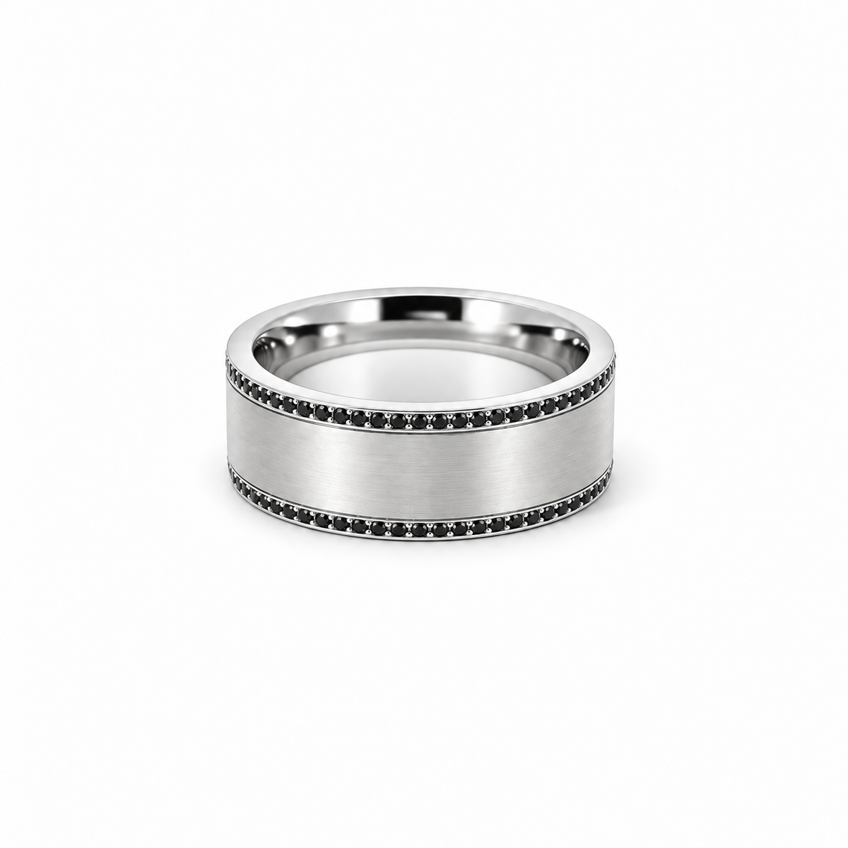 Men’s 7MM Flat Wedding Band | 2 Rows of Black Diamonds | 1/2 Eternity or Full Eternity | 14KT White Gold Yellow Gold