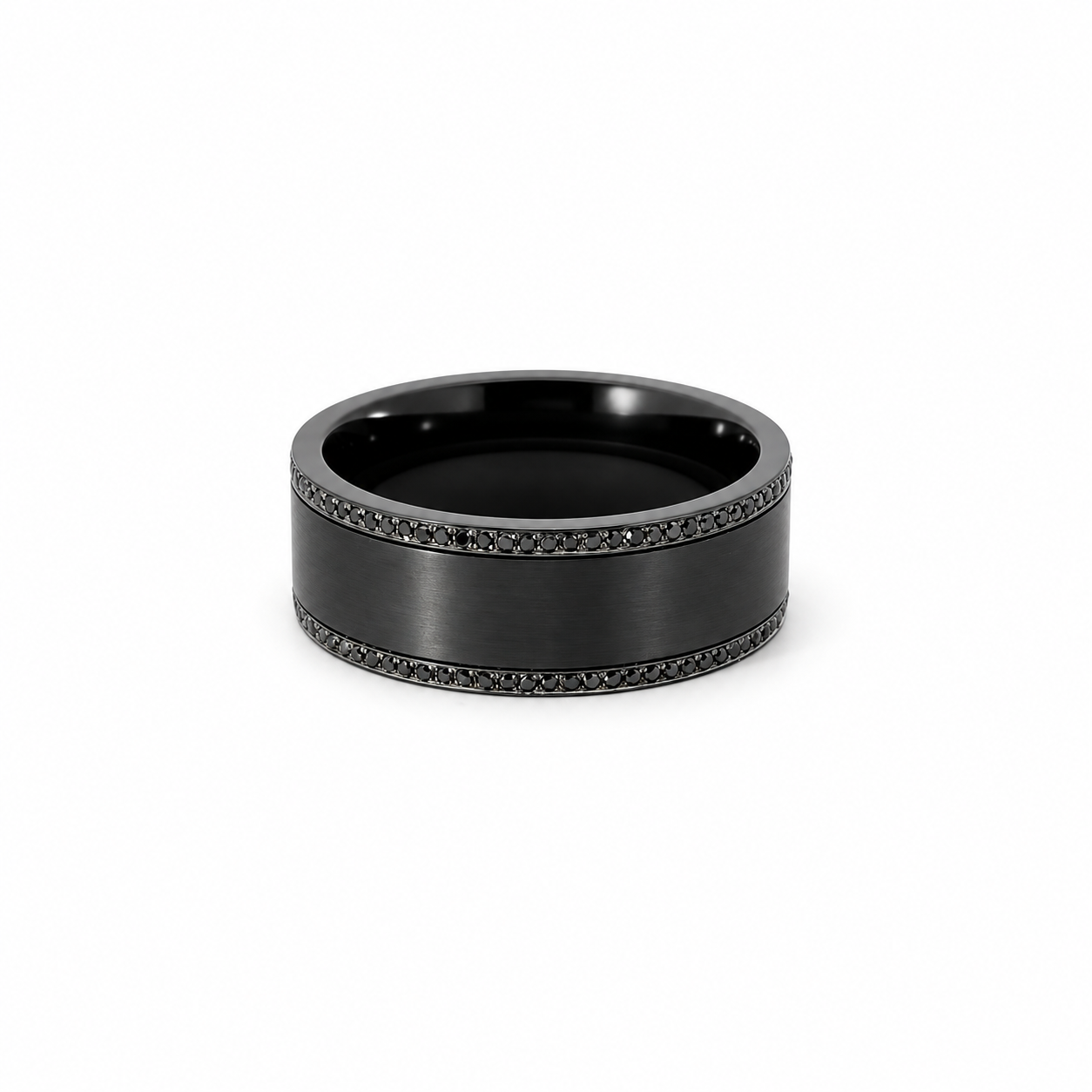 Men’s 7MM Flat Wedding Band with 2 Rows of Black Diamonds - Choice of Zirconium - Men’s Wedding Band