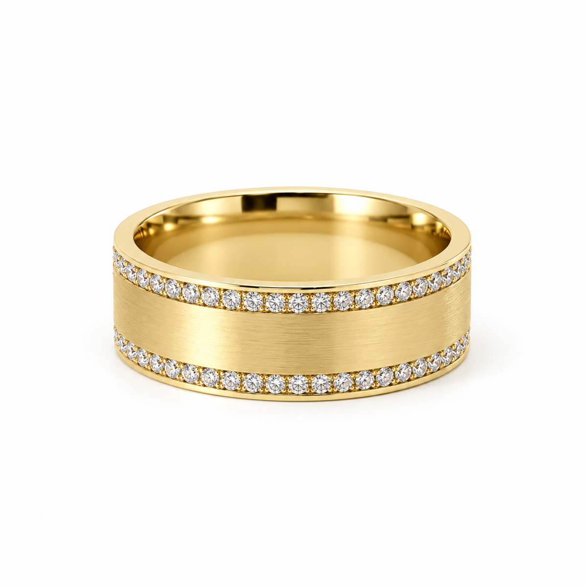 Men’s 7MM Flat Wedding Band | 2 Rows of Lab or Natural Diamonds | 14KT White Yellow Rose Gold or Zirconium - Men’s