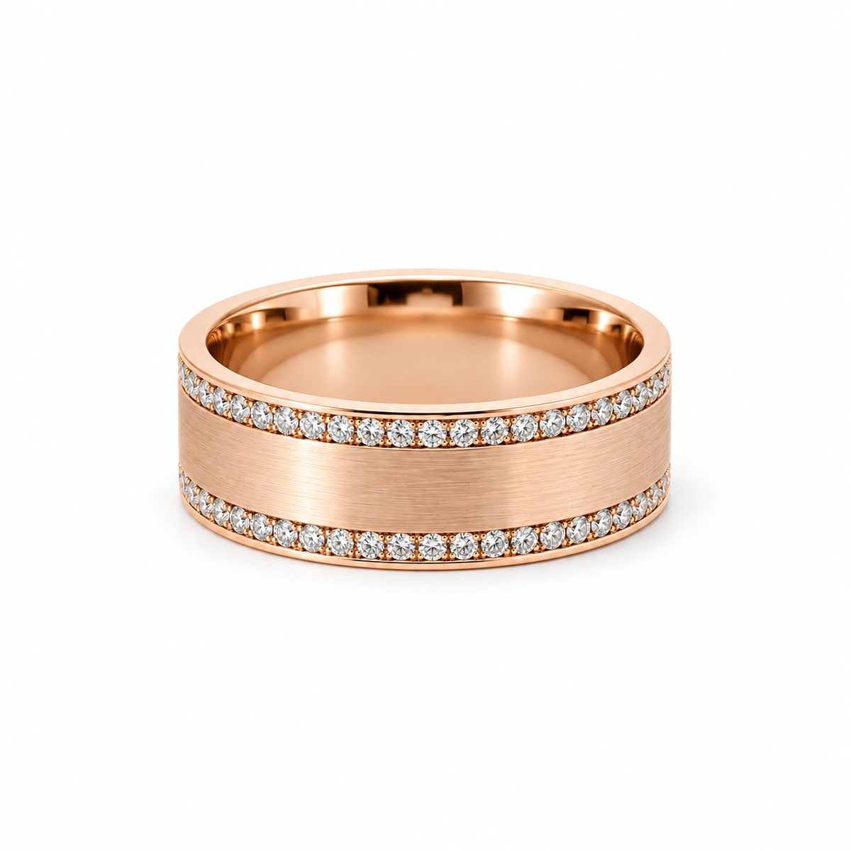 Men’s 7MM Flat Wedding Band | 2 Rows of Lab or Natural Diamonds | 14KT White Yellow Rose Gold or Zirconium - Men’s