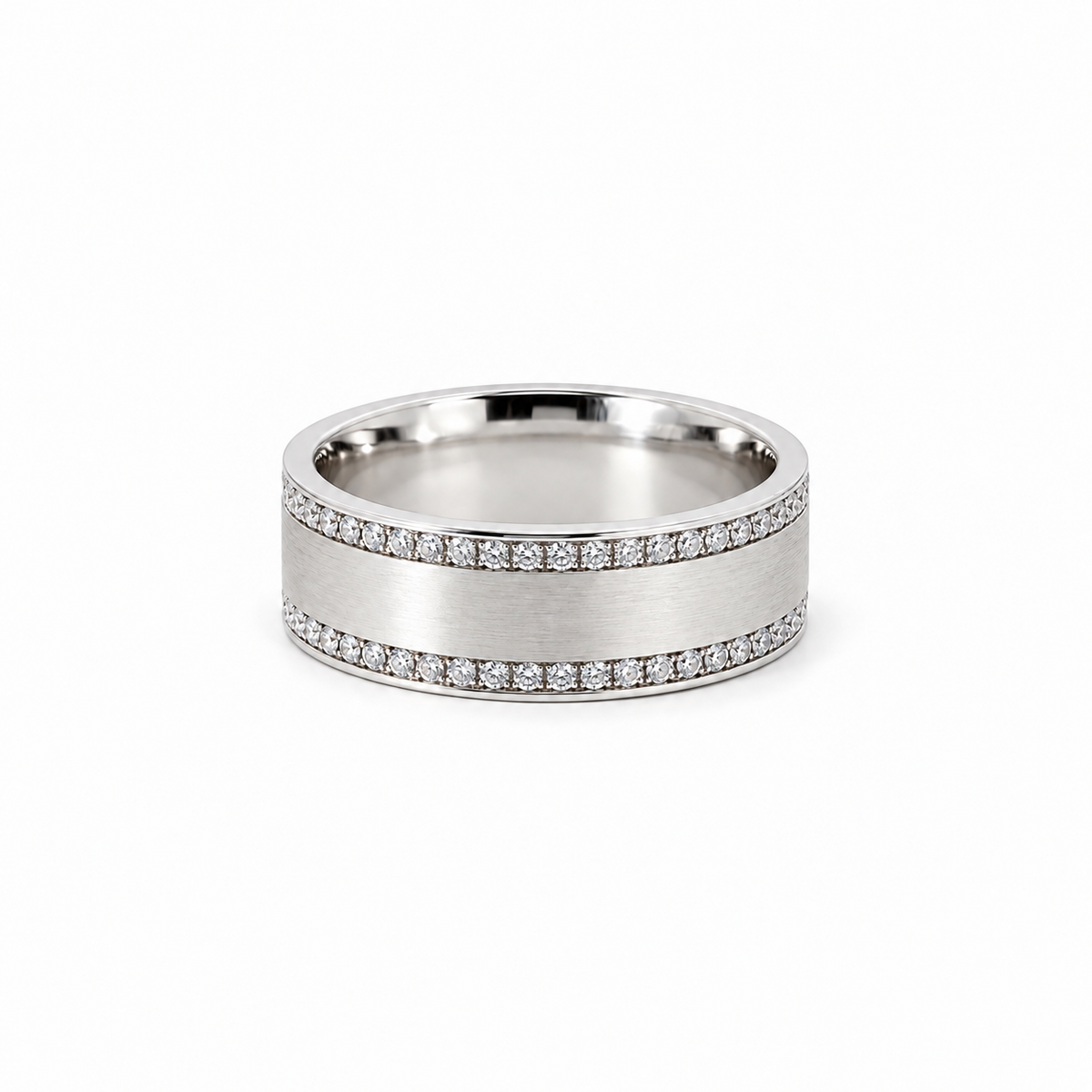 Men’s 7MM Flat Wedding Band | 2 Rows of Lab or Natural Diamonds | 14KT White Yellow Rose Gold or Zirconium - Men’s