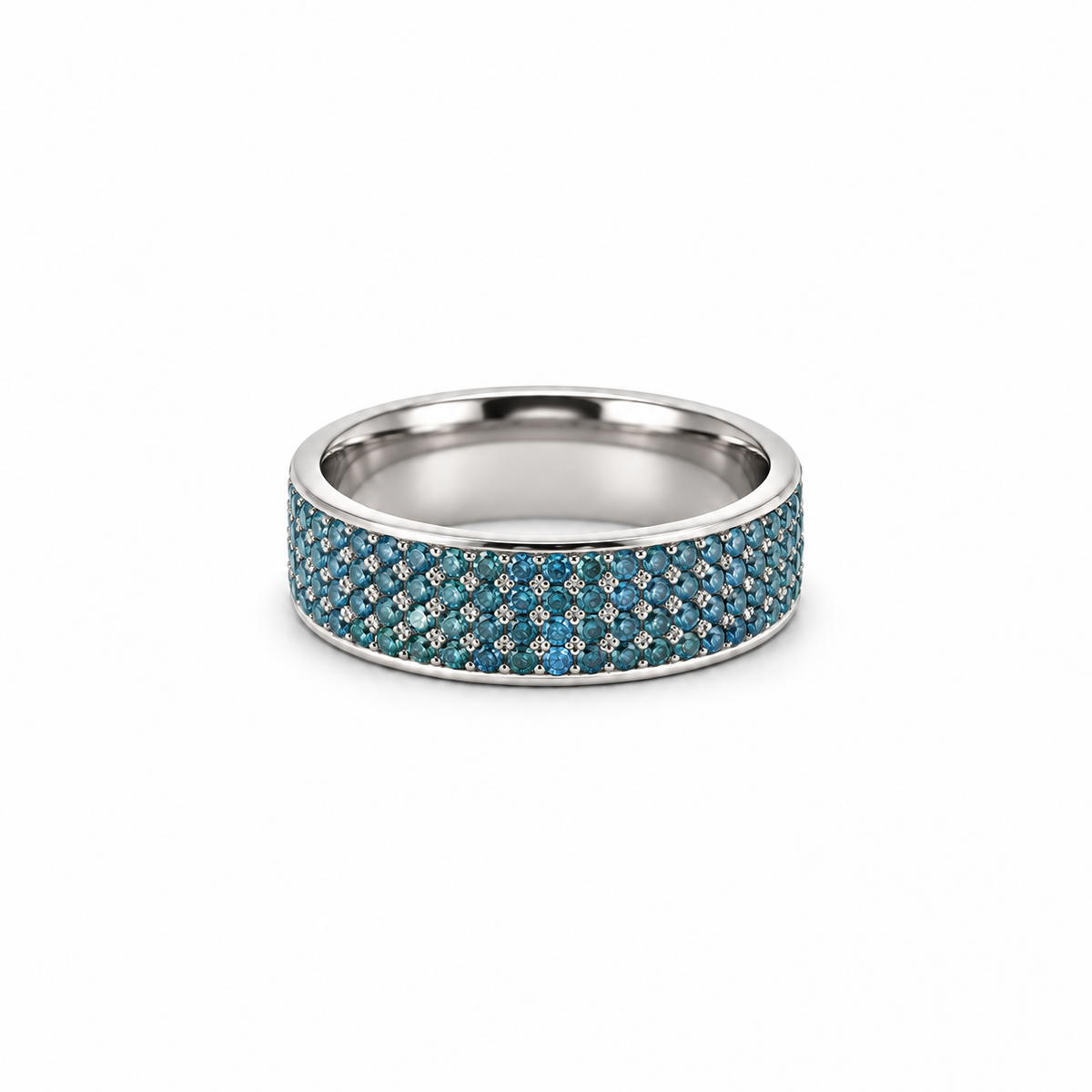 Men’s 7MM Flat Wedding Band | 4 Rows of Lab Blue Diamonds | 14KT White Yellow Rose Gold or Zirconium | Men’s Wedding