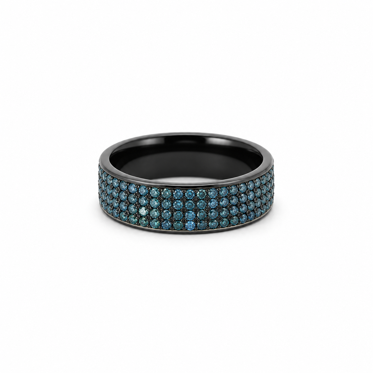 Men’s 7MM Flat Wedding Band with 4 Rows of Blue Diamonds - Choice of Zirconium - Men’s Wedding Band