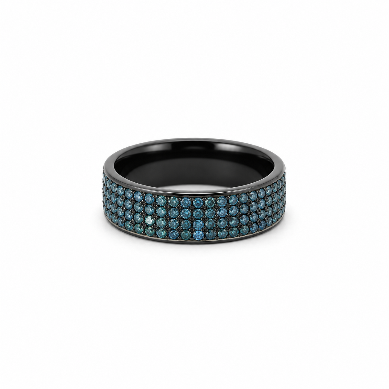 Men’s 7MM Flat Wedding Band with 4 Rows of Blue Diamonds - Choice of Zirconium - Men’s Wedding Band