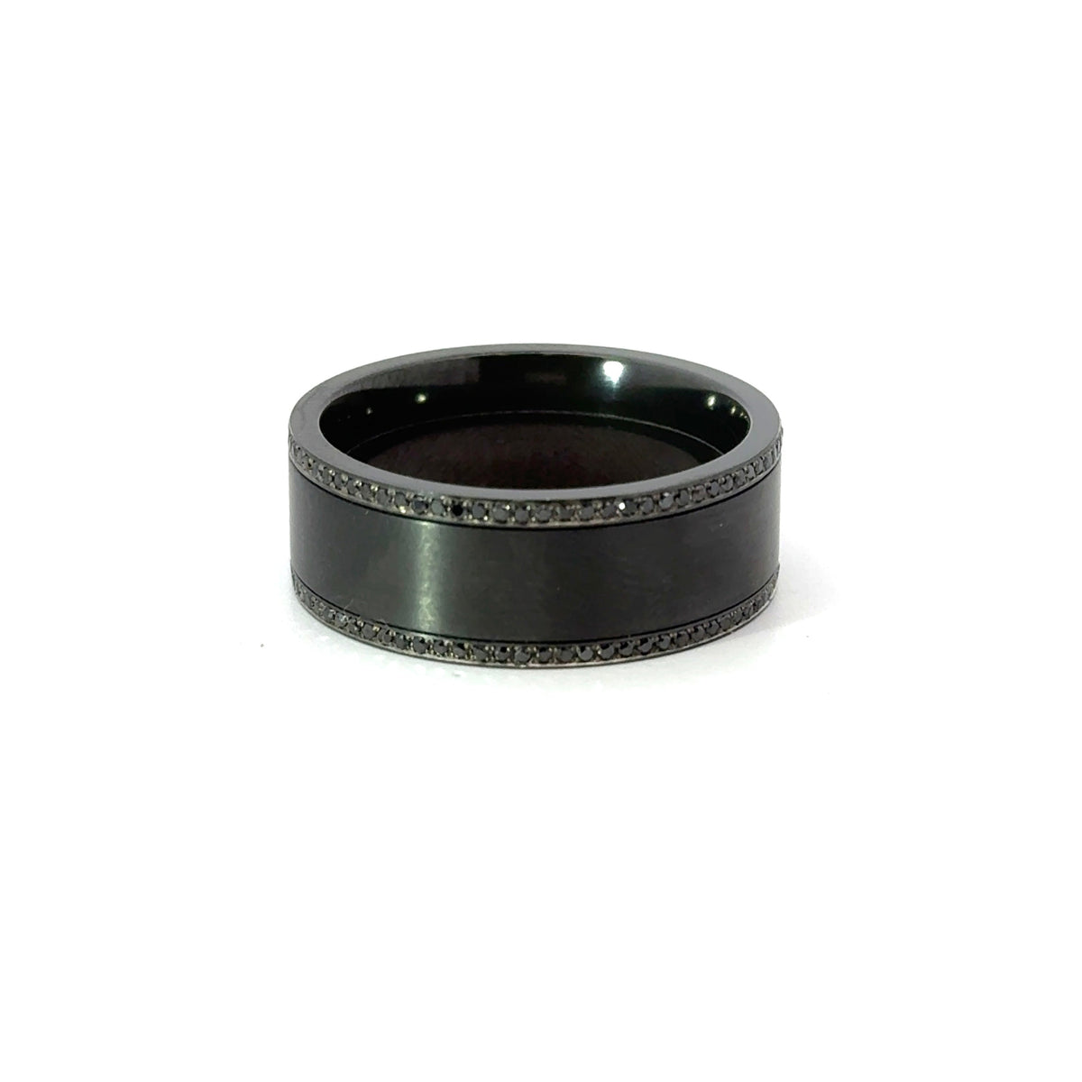 Men’s 7MM Flat Wedding Band with 2 Rows of Black Diamonds - Choice of Zirconium - Men’s Wedding Band