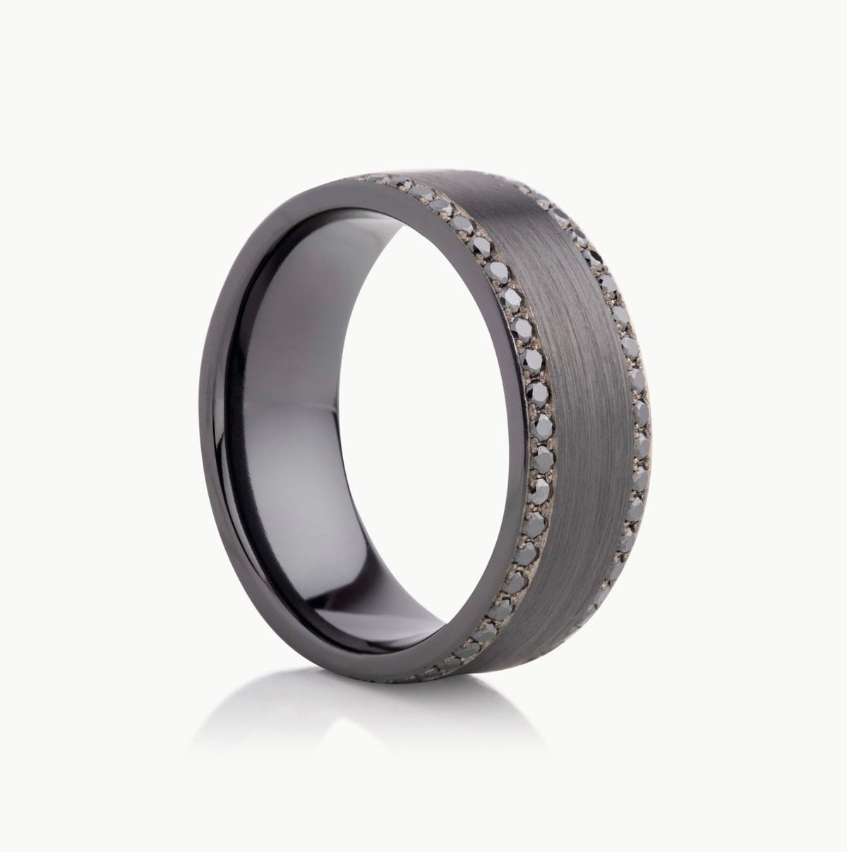 Men’s 7MM Flat Wedding Band with 2 Rows of Black Diamonds - Choice of Zirconium - Men’s Wedding Band
