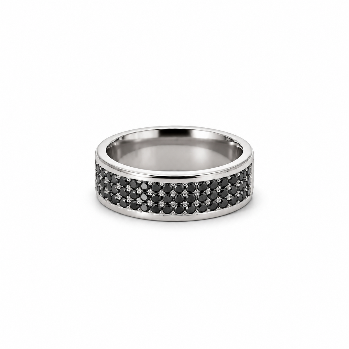 Men’s 7MM Flat Wedding Band with 3 Rows of Black Diamonds - Choice of Zirconium - Men’s Wedding Band