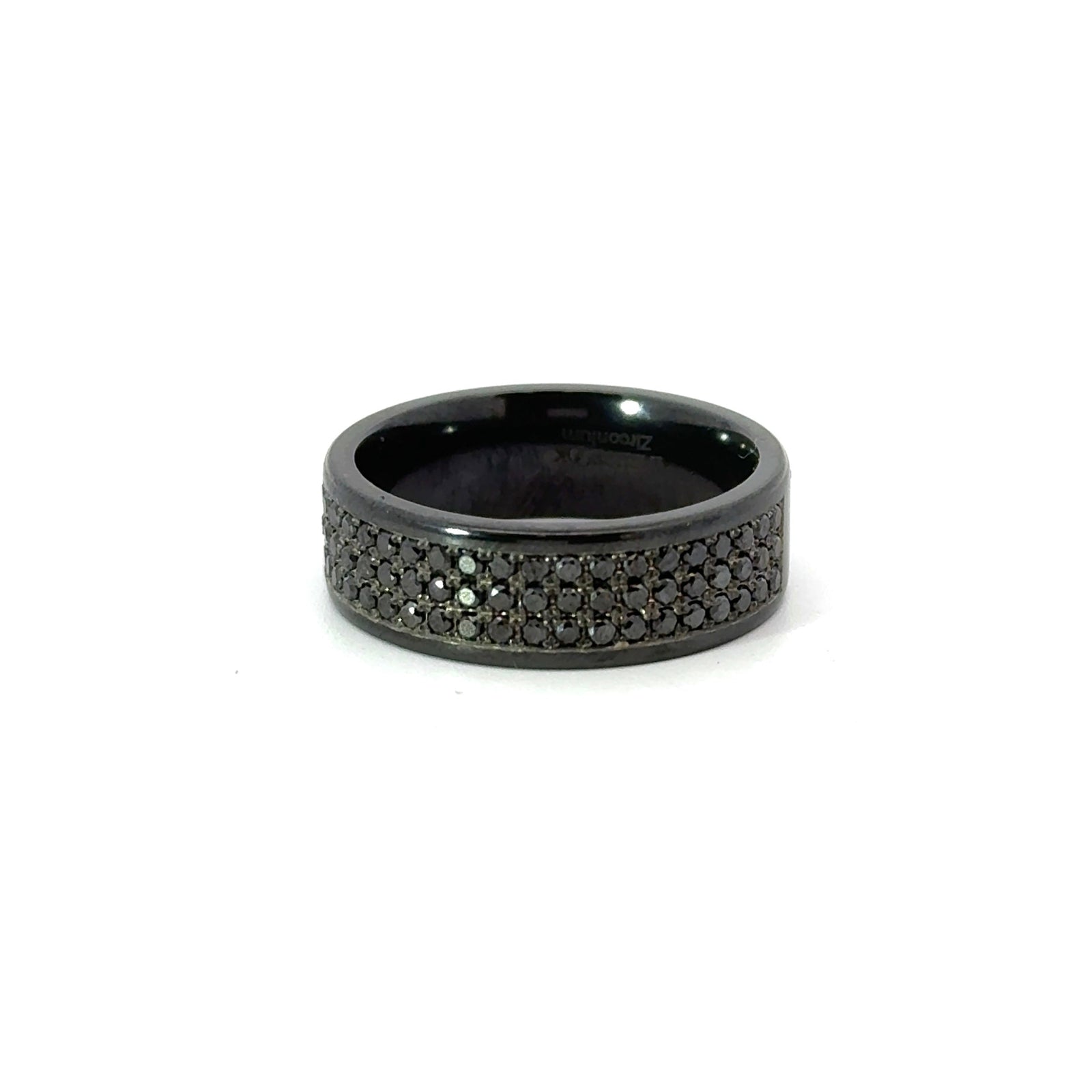 Men’s 7MM Flat Wedding Band with 3 Rows of Black Diamonds - Choice of Zirconium - Men’s Wedding Band