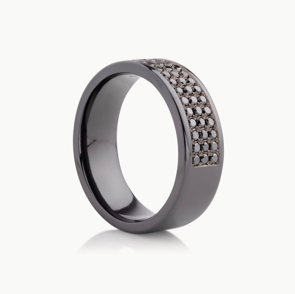 Men’s 7MM Flat Wedding Band with 3 Rows of Black Diamonds - Choice of Zirconium - Men’s Wedding Band