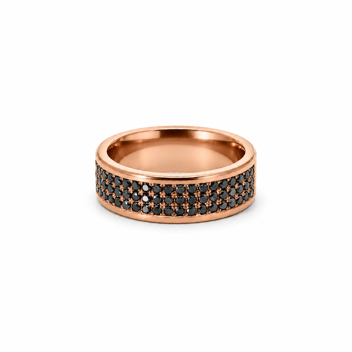 Men’s 7MM Flat Wedding Band with 3 Rows of Black Diamonds - Choice of Zirconium - Men’s Wedding Band