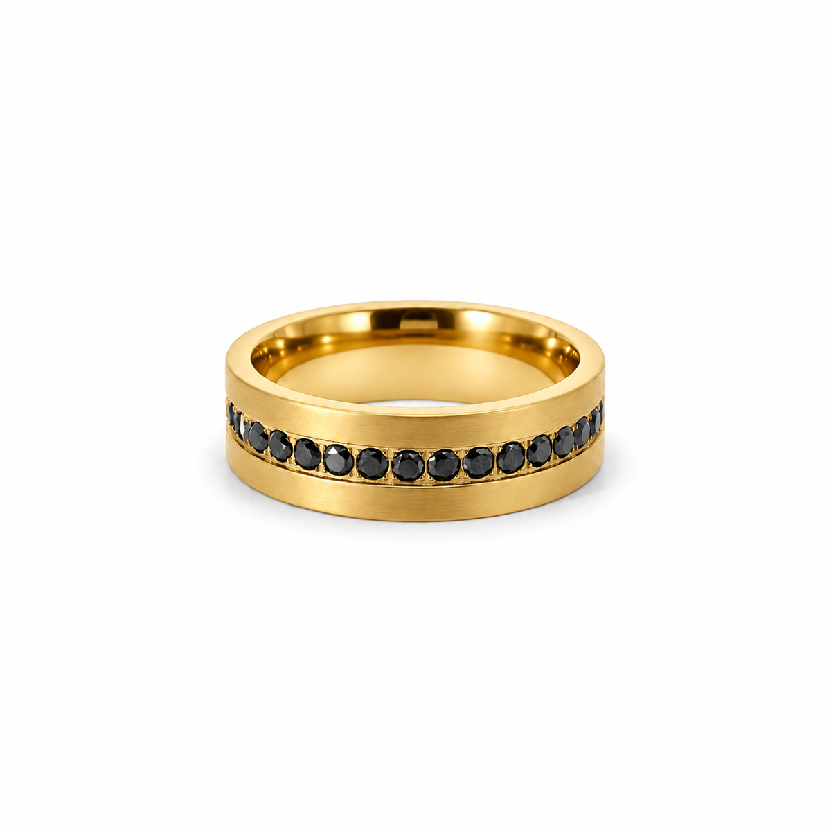 Men’s 7MM Flat Wedding Band with Black Diamond Row | 14kT White Yellow Rose Gold or Zirconium | 1/2 Eternity or Full
